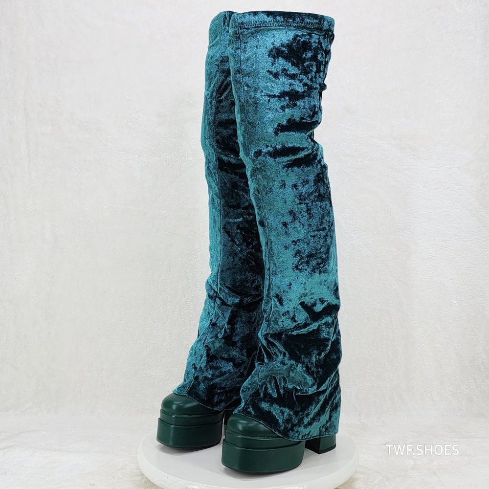 Good Will Unique Thigh High Emerald Velvet Fold over Chunky Heel Platform Boots - Picture 14 of 15